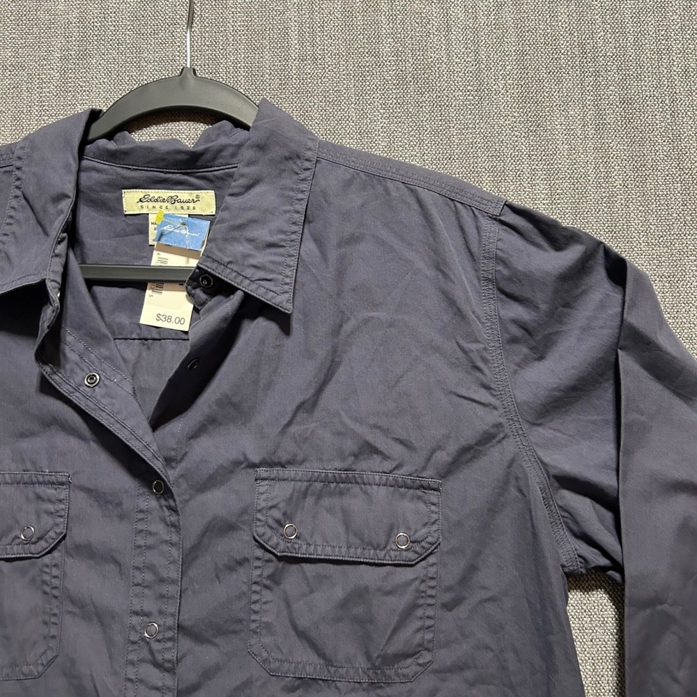 Eddie Bauer Snap Front Shirt Mens L Gray Cotton Long Sleeve Workwear Pockets